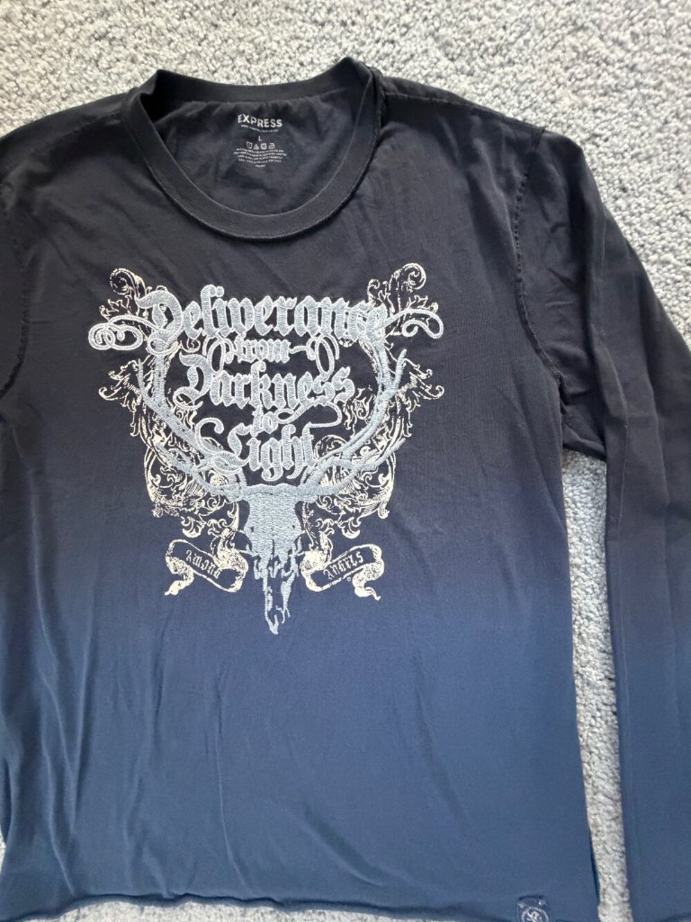 VTG 2008 Express Men Grunge Y2K Ombre Graphic Long Sleeve Shirt Raw Hem Gothic L - Picture 4 of 10